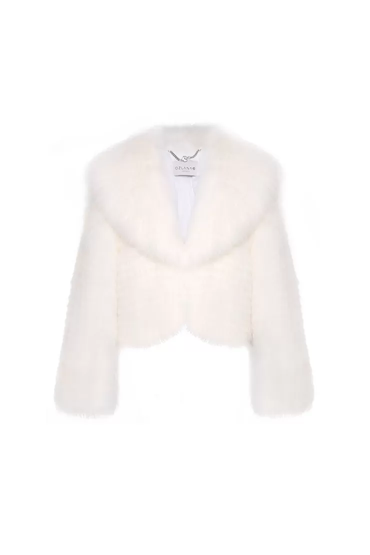 Ozlana Arc Cropped Wide Lapel Fox Fur Jacket (Cream) | Women Full Fur Jackets