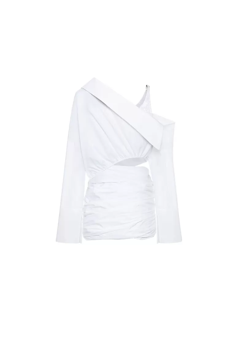 Ozlana Asymmetrical Off-The-Shoulder Long Sleeve Shirt Dress (White) | Women Dresses & Sets