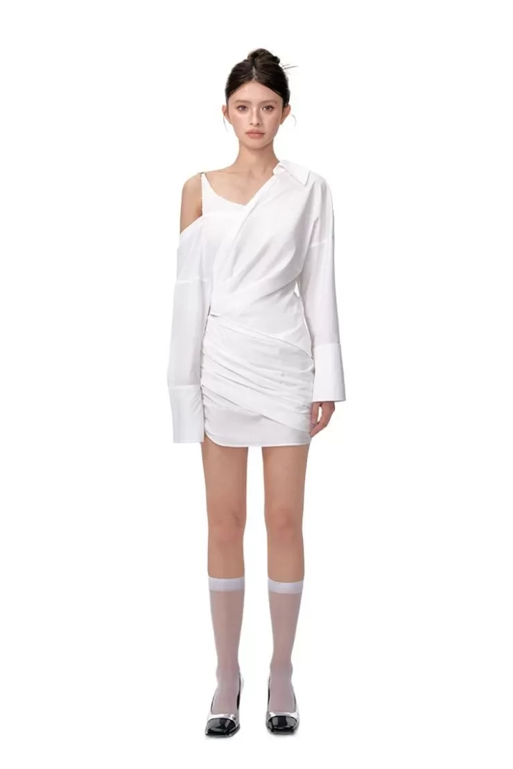 Ozlana Asymmetrical Off-The-Shoulder Long Sleeve Shirt Dress (White) | Women Dresses & Sets
