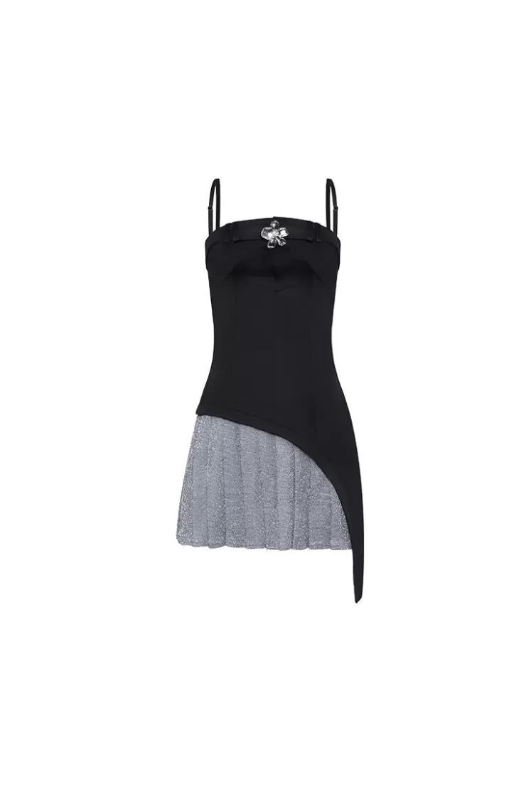 Ozlana Asymmetrical Patchwork Pleated Slip Dress(Black) | Women Dresses & Sets