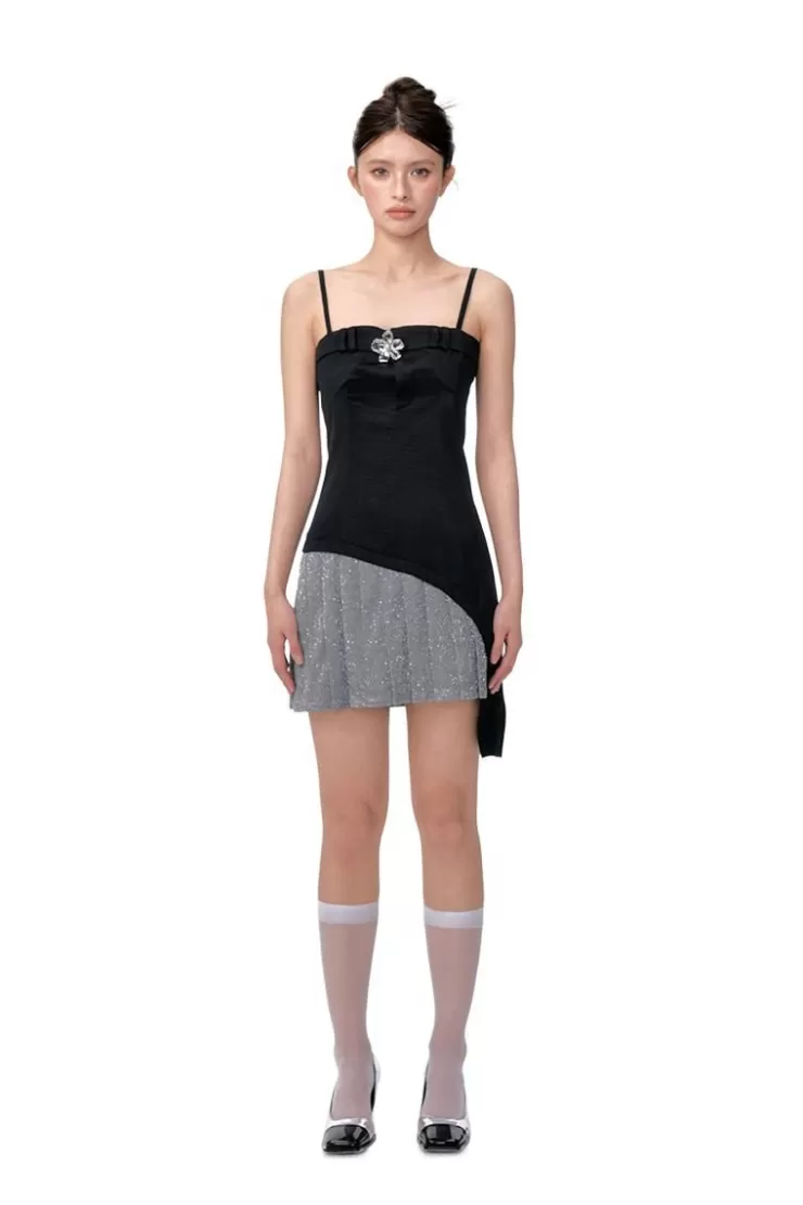 Ozlana Asymmetrical Patchwork Pleated Slip Dress(Black) | Women Dresses & Sets