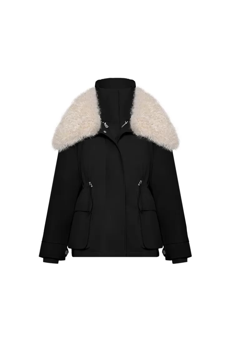 Ozlana Avenue Wool Shearling Collar Multi-Wear Down Jacket(Black) | Women Down Puffer Jackets
