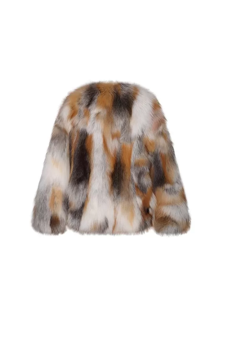 Ozlana Backstage V Neck Fox Fur Jacket (Cream Brown) | Women Full Fur Jackets
