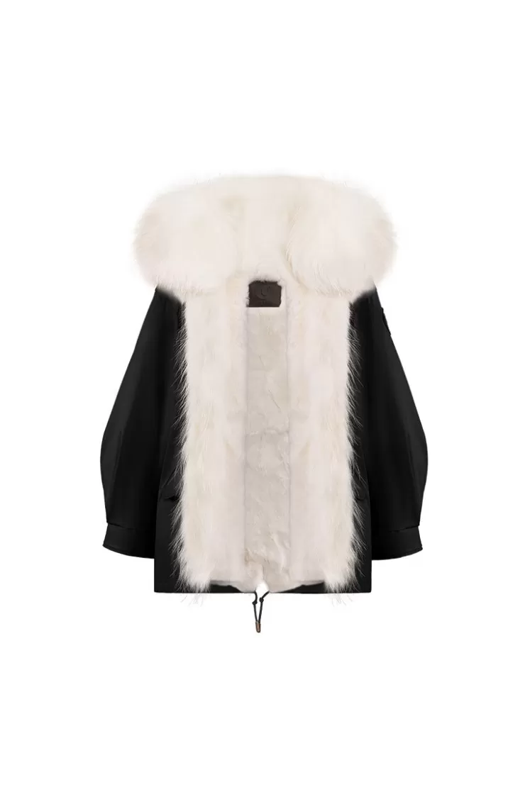 Ozlana Black Oversize Parka+Cream White Rabbit Fur/Raccoon Fur | Women Classic & Designer Parkas