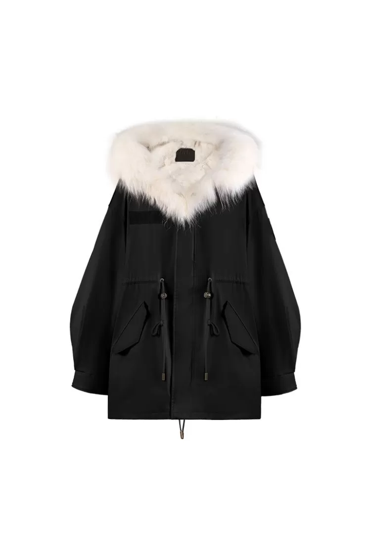 Ozlana Black Oversize Parka+Cream White Rabbit Fur/Raccoon Fur | Women Classic & Designer Parkas