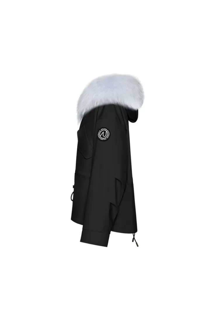 Ozlana Black Short Oversize Parka+Blue Rabbit Fur/Raccoon Fur | Women Classic & Designer Parkas