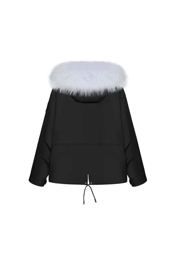 Ozlana Black Short Oversize Parka+Blue Rabbit Fur/Raccoon Fur | Women Classic & Designer Parkas