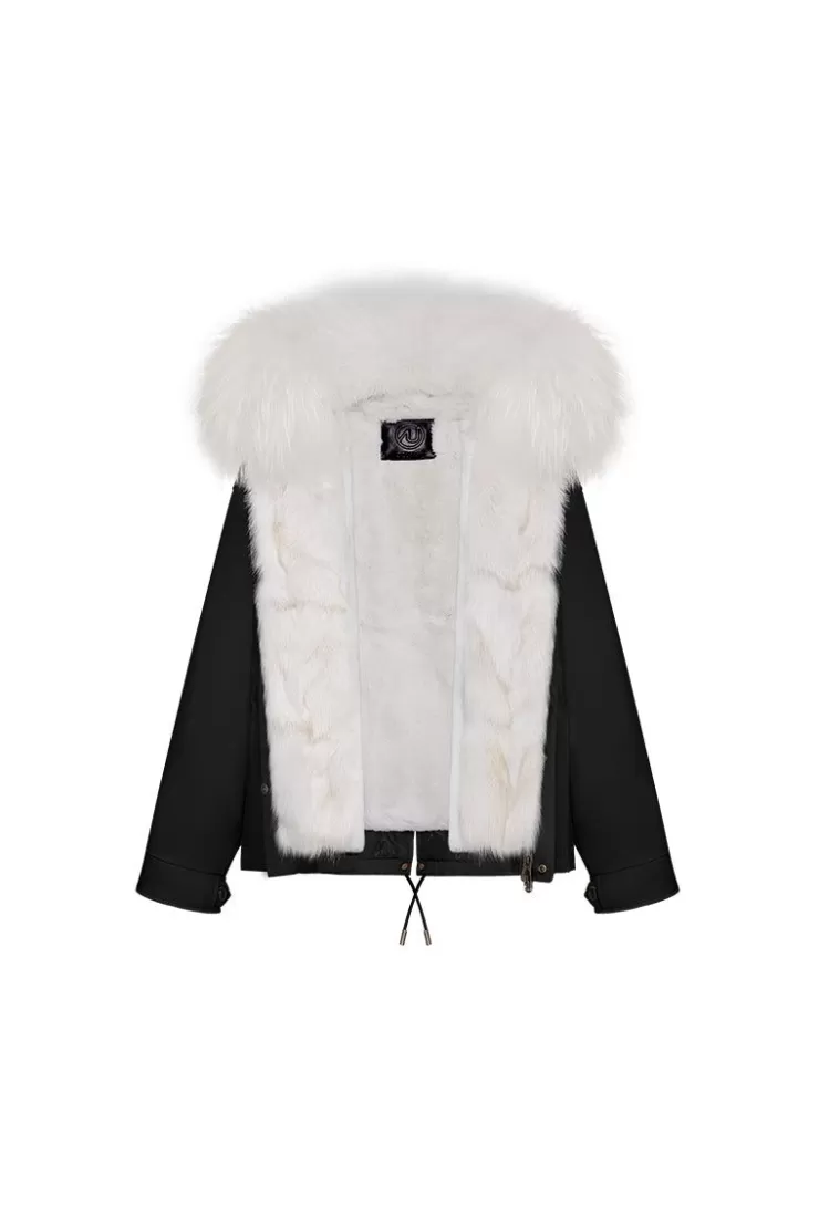 Ozlana Black Short Oversize Parka+Grey Snow Fox | Women Classic & Designer Parkas
