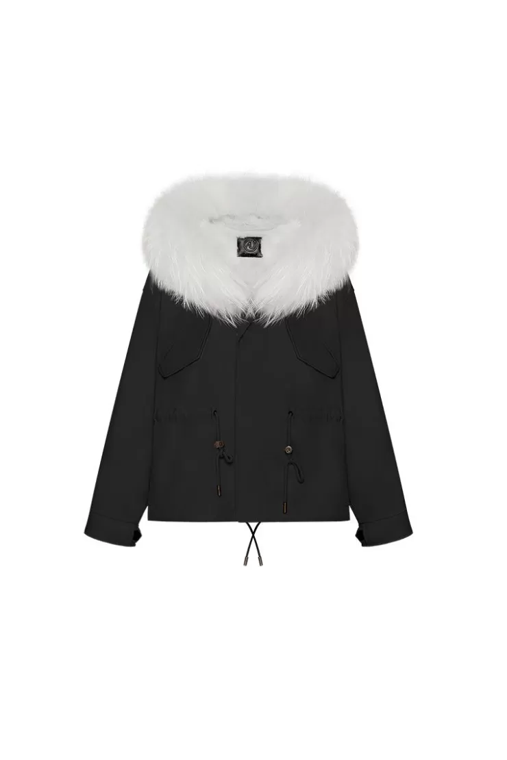 Ozlana Black Short Oversize Parka+Grey Snow Fox | Women Classic & Designer Parkas