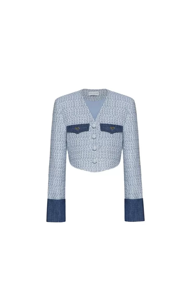 Ozlana Blue Contrast Tweed Short Jacket(Blue) | Women Tops