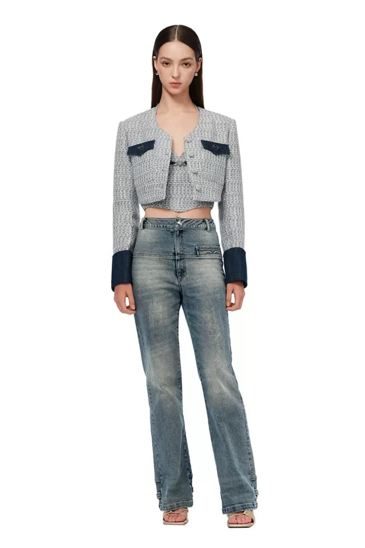 Ozlana Blue Contrast Tweed Short Jacket(Blue) | Women Tops