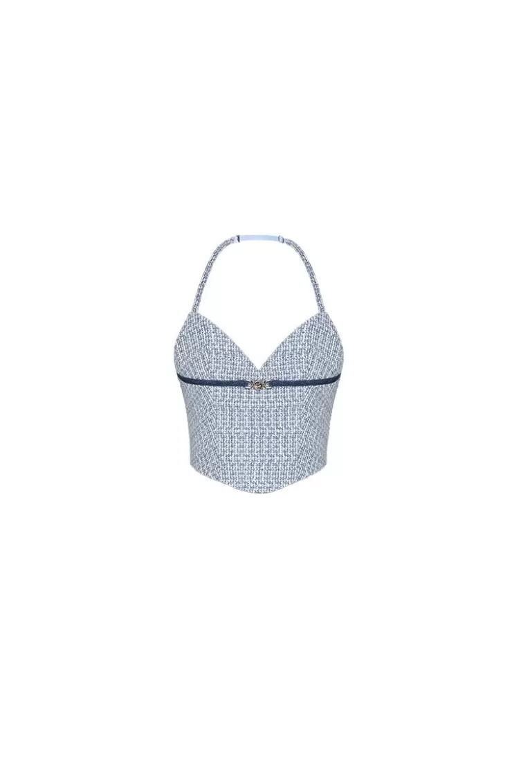 Ozlana Blue Halter Neck Sleeveless Tweed Top(Blue) | Women Tops