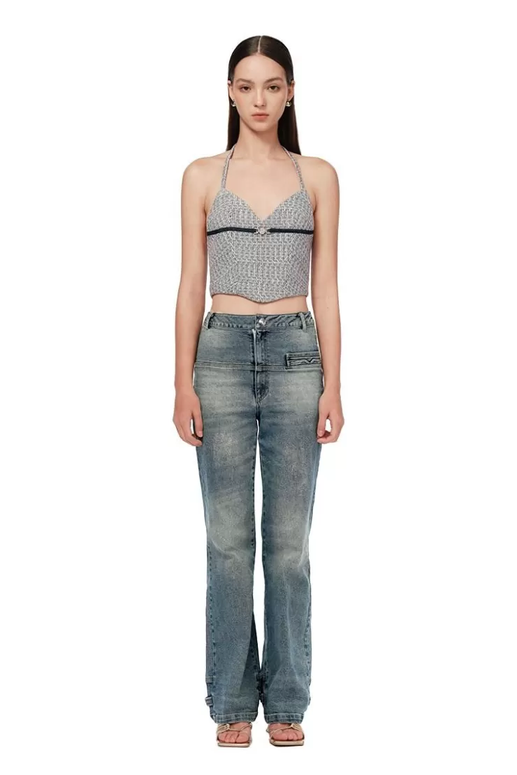 Ozlana Blue Halter Neck Sleeveless Tweed Top(Blue) | Women Tops