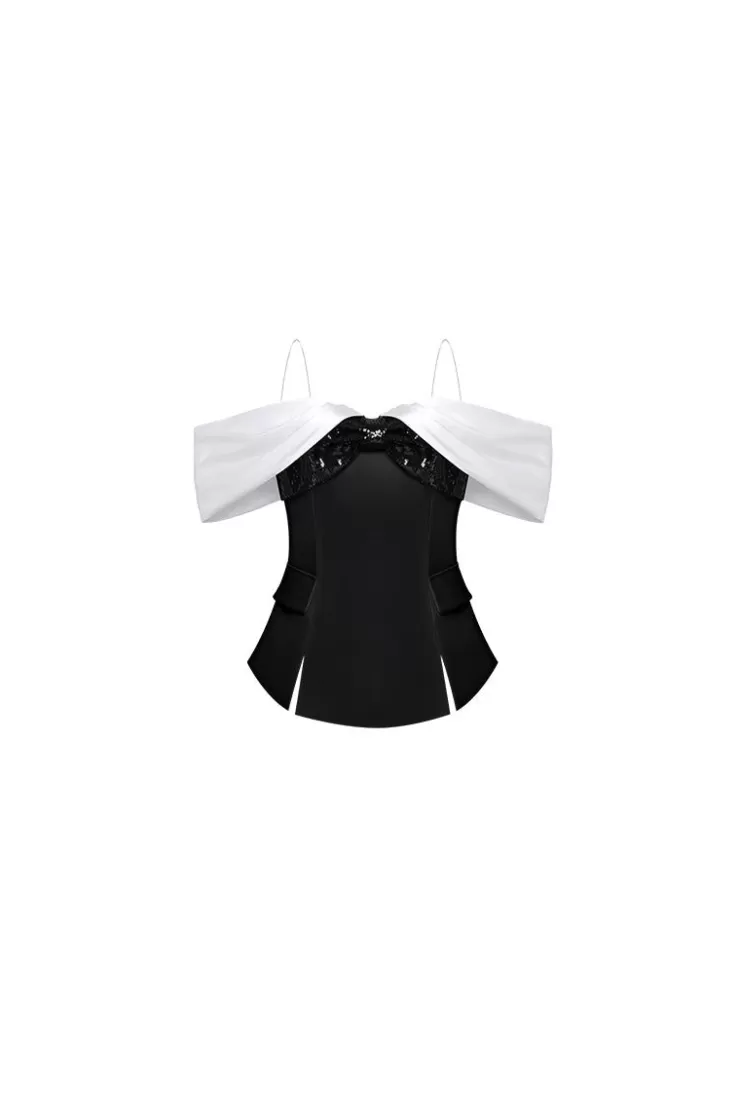 Ozlana Bow One-Line Shoulder Slim-Fit Top(Black) | Women Tops