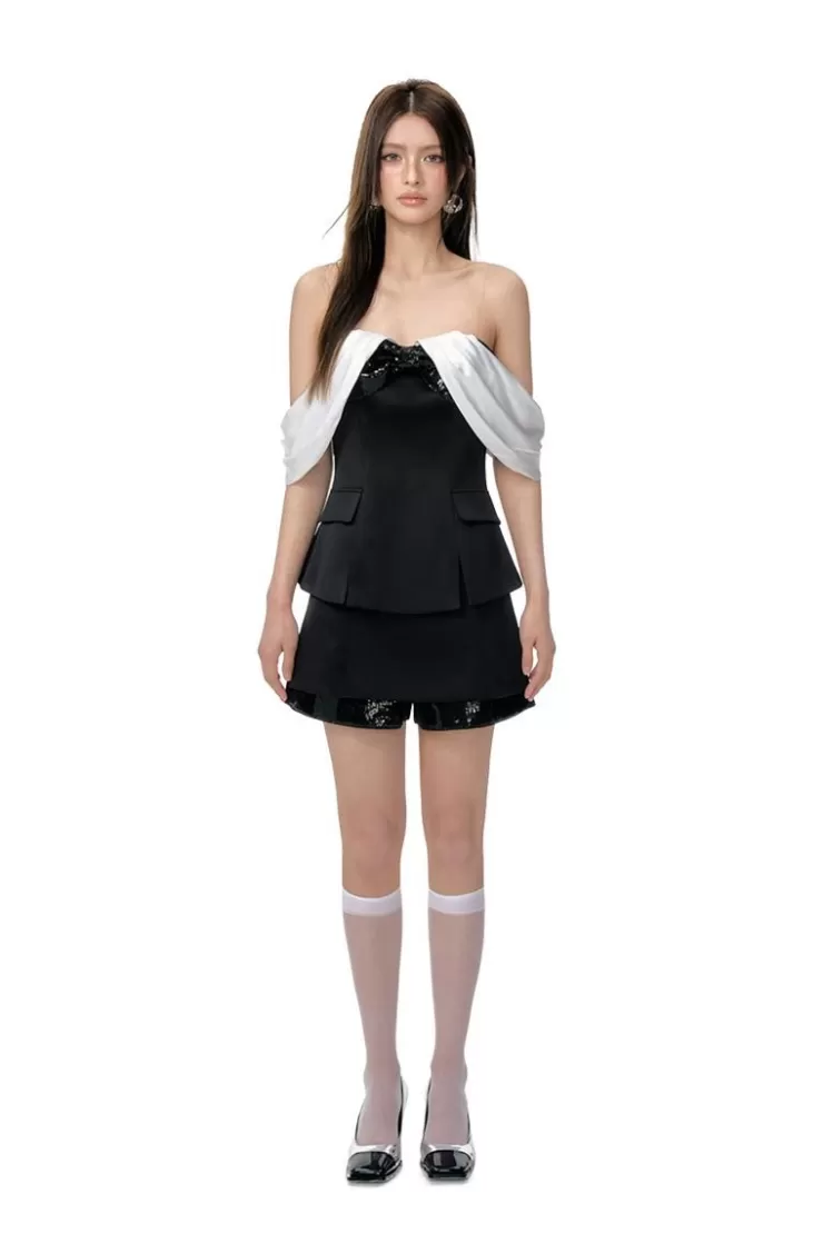 Ozlana Bow One-Line Shoulder Slim-Fit Top(Black) | Women Tops