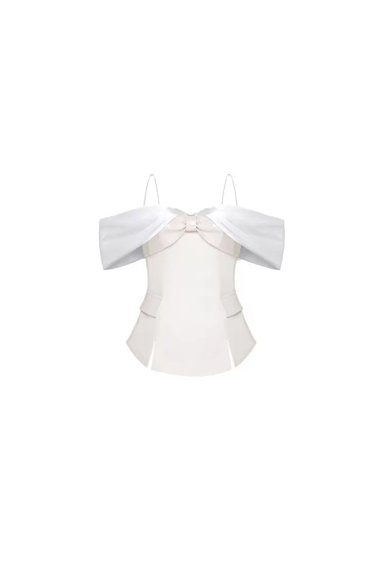 Ozlana Bow One-Line Shoulder Slim-Fit Top(Cream) | Women Tops