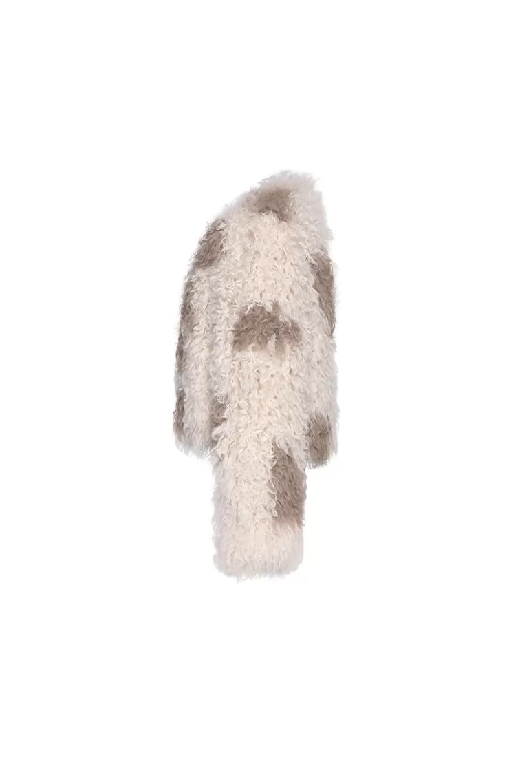 Ozlana Bubble Round Neck Shearling Wool Jacket (Apricot) | Women Full Fur Jackets