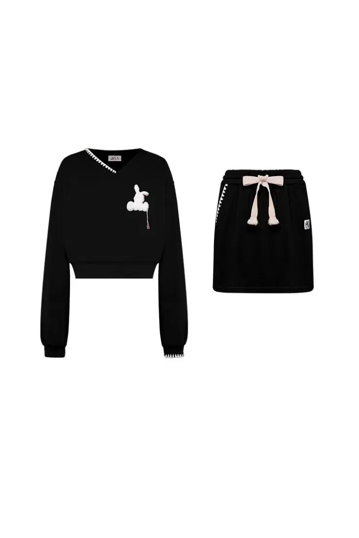 Ozlana Bunny Stitched Lounge Skirt & Sweatshirt Set (Black) | Women Matching Sets
