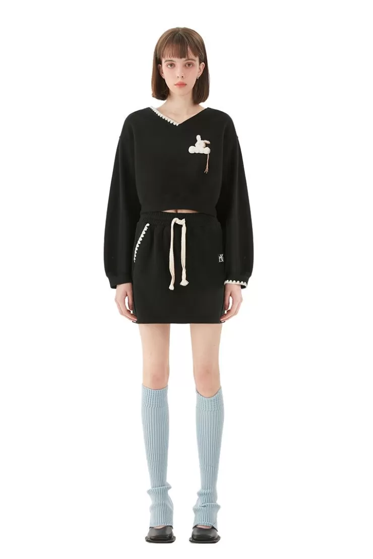 Ozlana Bunny Stitched Lounge Skirt & Sweatshirt Set (Black) | Women Matching Sets