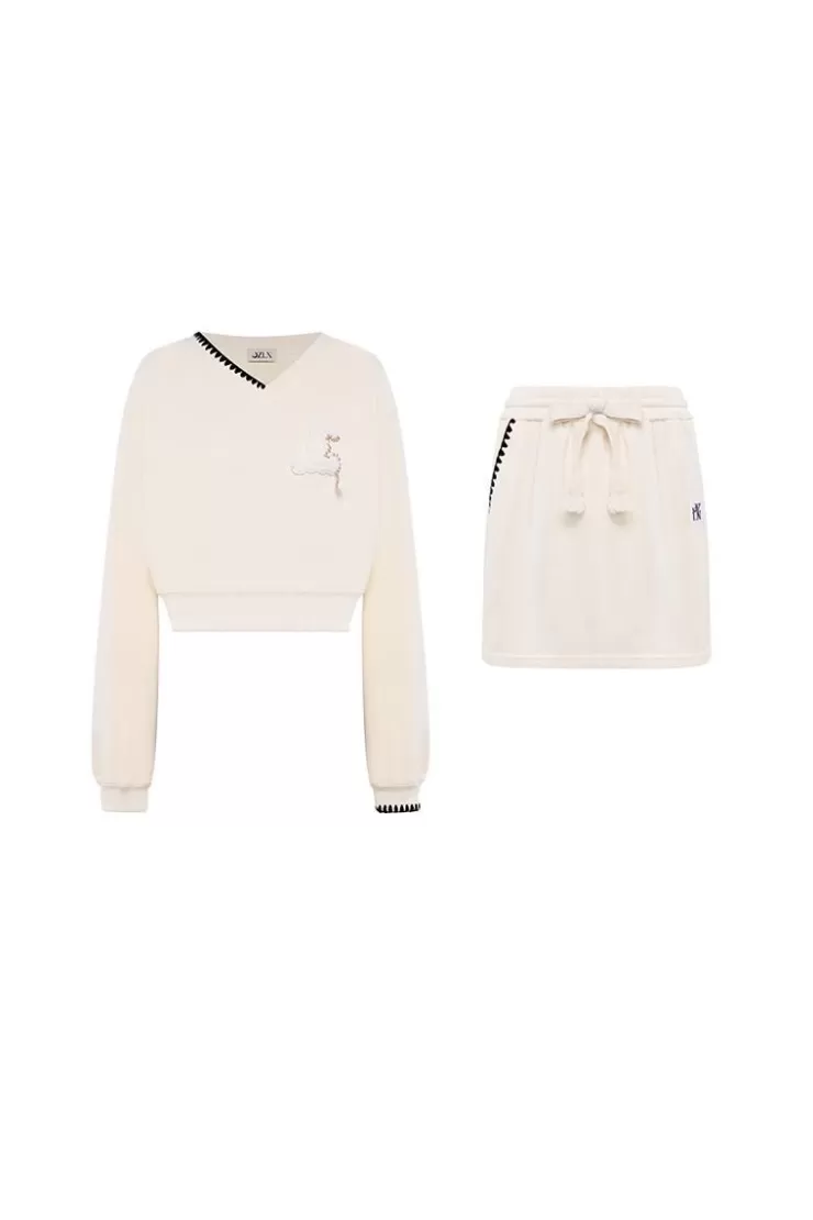 Ozlana Bunny Stitched Lounge Skirt & Sweatshirt Set (Cream) | Women Matching Sets