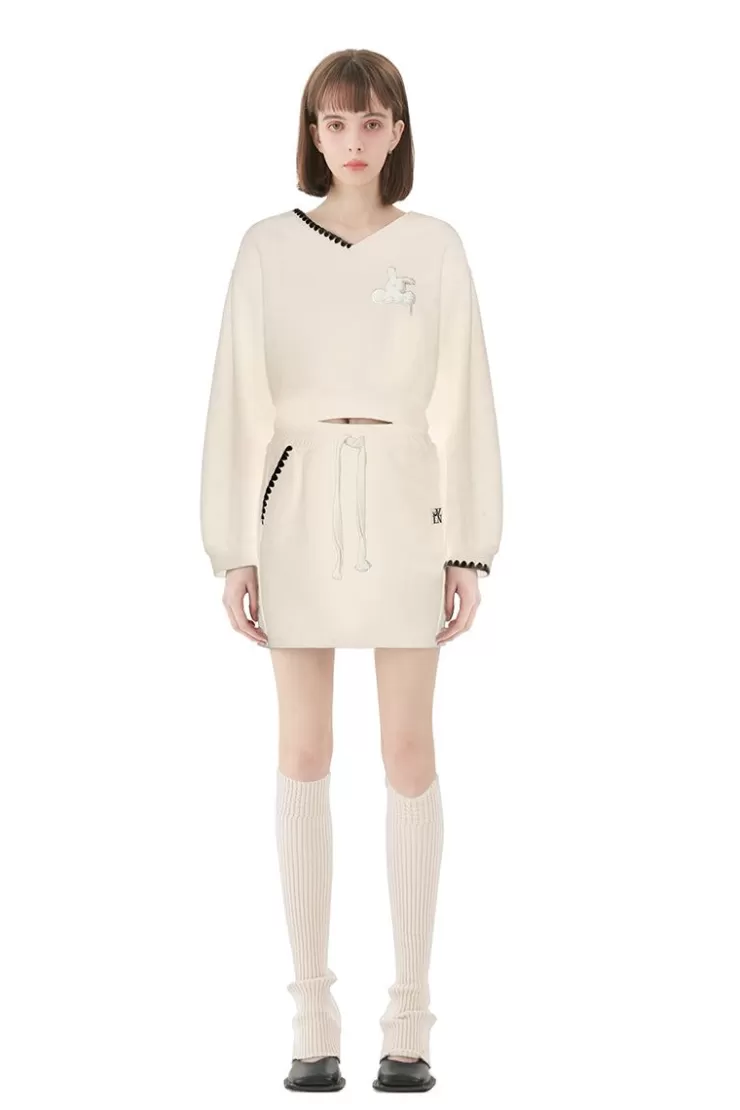 Ozlana Bunny Stitched Lounge Skirt & Sweatshirt Set (Cream) | Women Matching Sets
