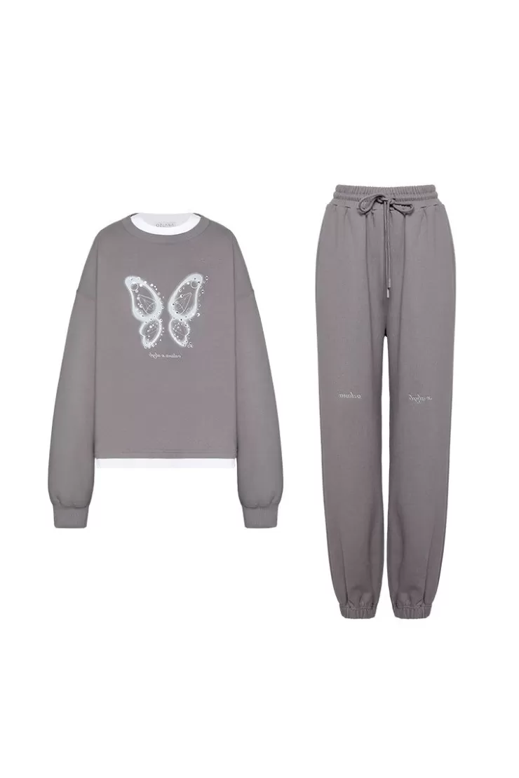 Ozlana Butterfly Oversized Sweatshirt Set(Grey) | Women Matching Sets