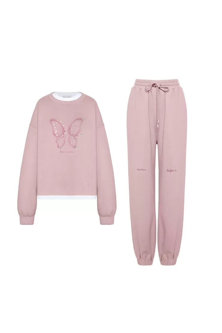 Ozlana Butterfly Oversized Sweatshirt Set(Pink) | Women Matching Sets