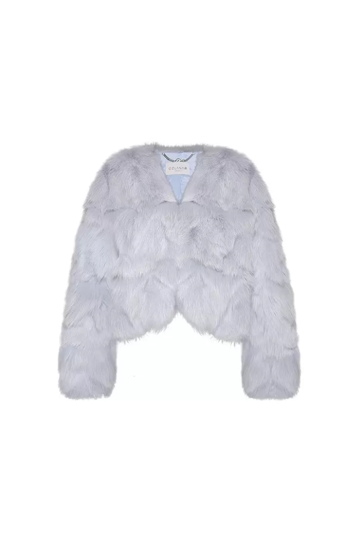 Ozlana Classic Crop V Neck Fox Fur Jacket (Blue) | Women Full Fur Jackets