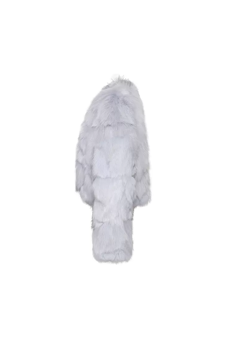 Ozlana Classic Crop V Neck Fox Fur Jacket (Blue) | Women Full Fur Jackets