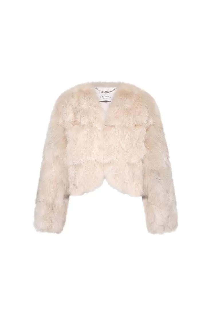 Ozlana Classic Crop V Neck Fox Fur Jacket (Cream) | Women Full Fur Jackets
