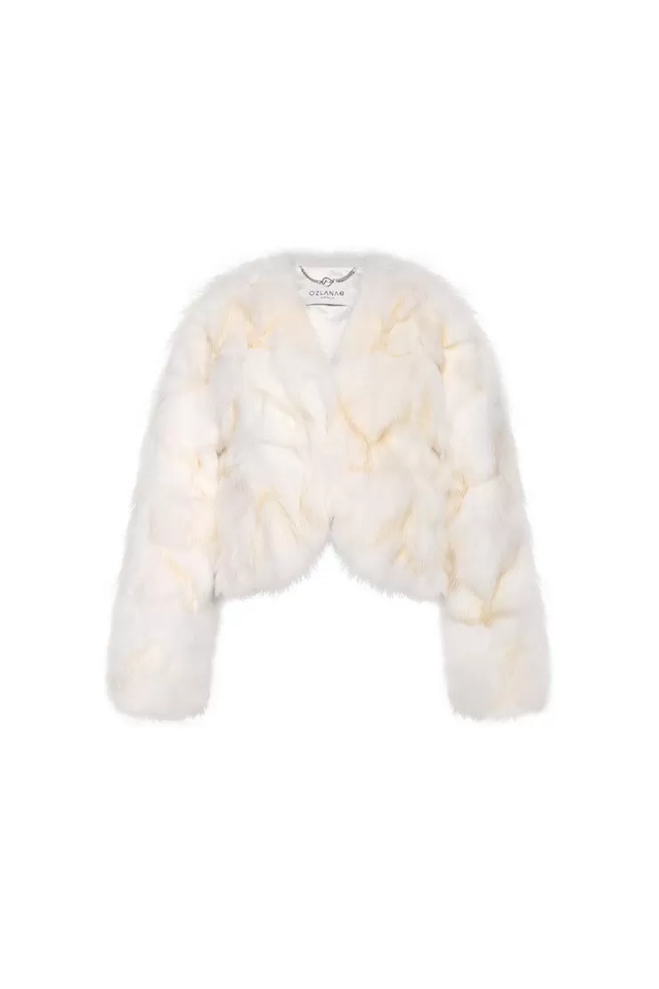 Ozlana Classic Crop V Neck Fox Fur Jacket (White) | Women Full Fur Jackets