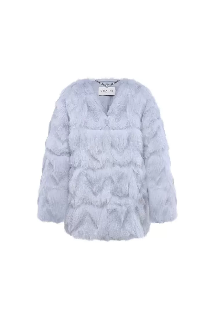 Ozlana Classic Round Neck Longline Fox Fur Jacket (Blue) | Women Full Fur Jackets