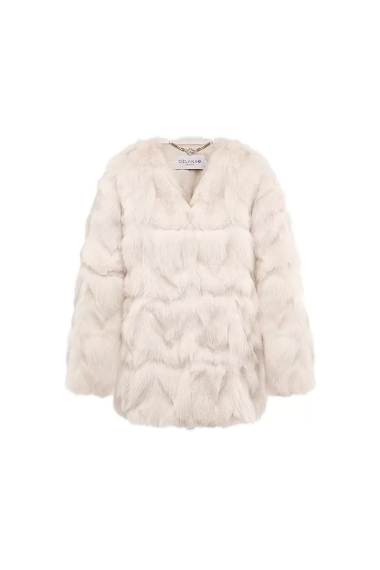 Ozlana Classic Round Neck Longline Fox Fur Jacket (Cream) | Women Full Fur Jackets
