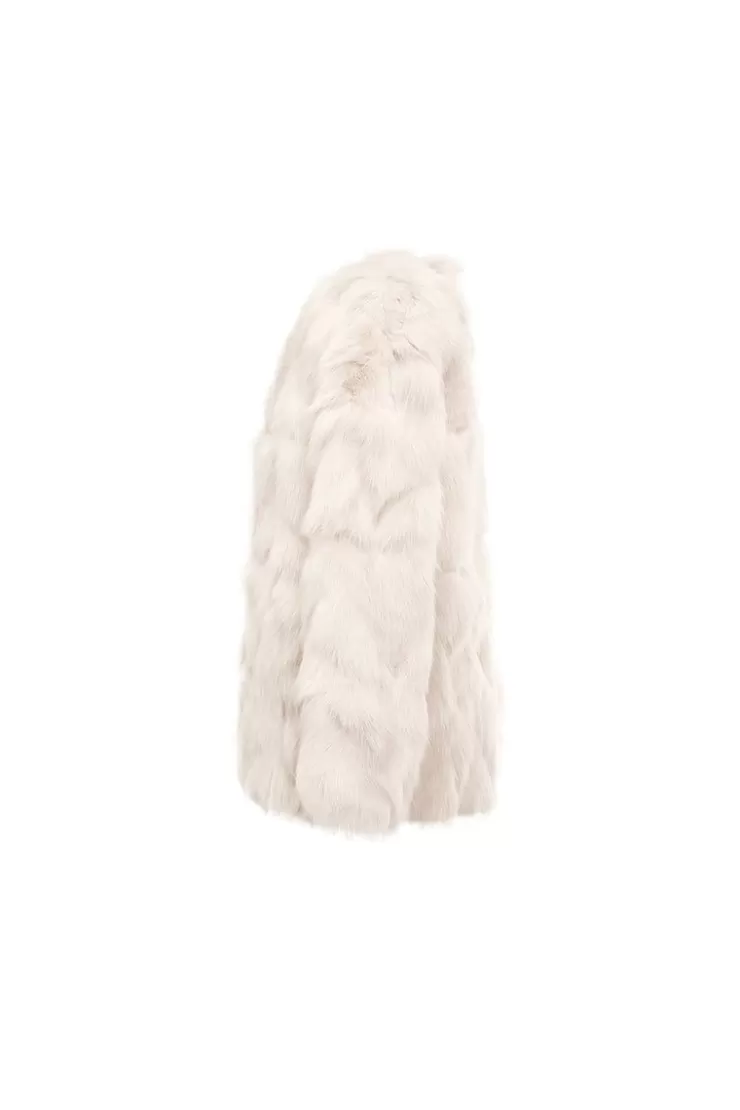 Ozlana Classic Round Neck Longline Fox Fur Jacket (Cream) | Women Full Fur Jackets