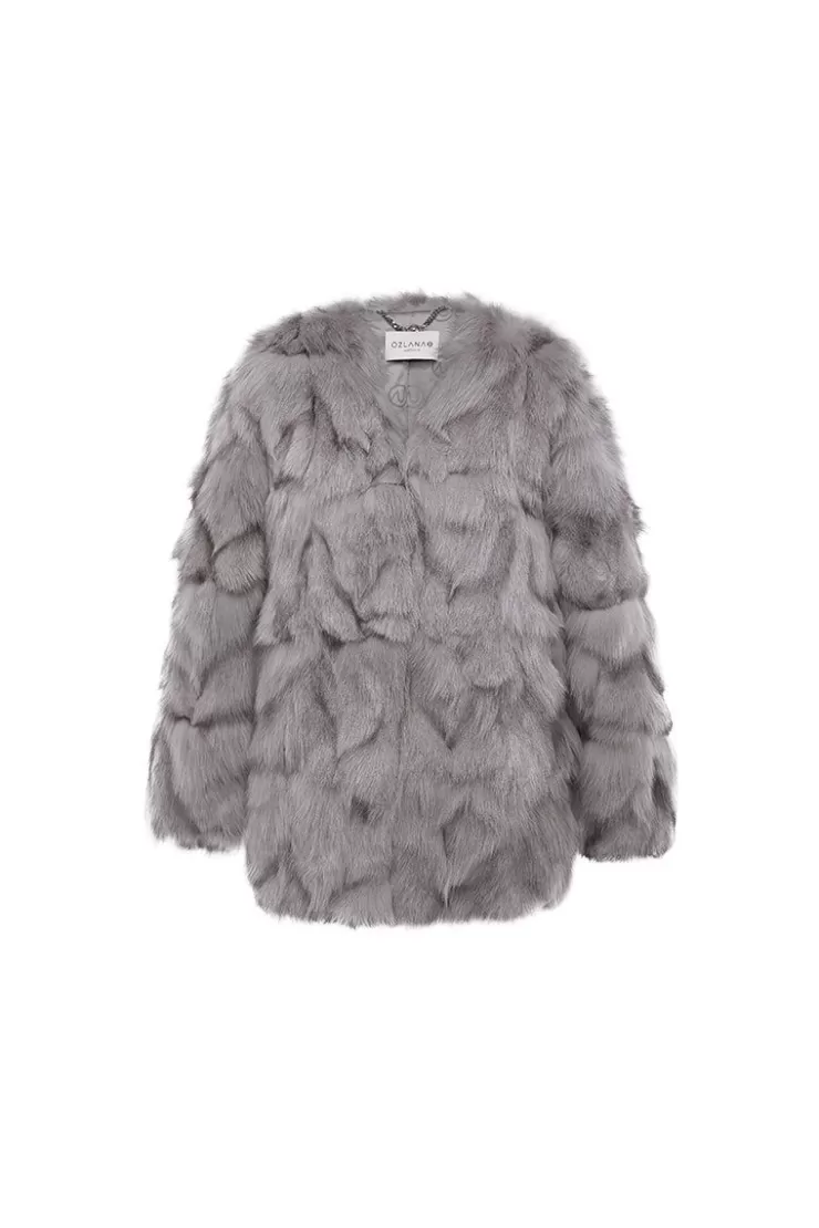 Ozlana Classic Round Neck Longline Fox Fur Jacket (Dark Grey) | Women Full Fur Jackets