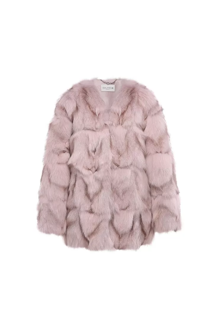 Ozlana Classic Round Neck Longline Fox Fur Jacket (Pink) | Women Full Fur Jackets