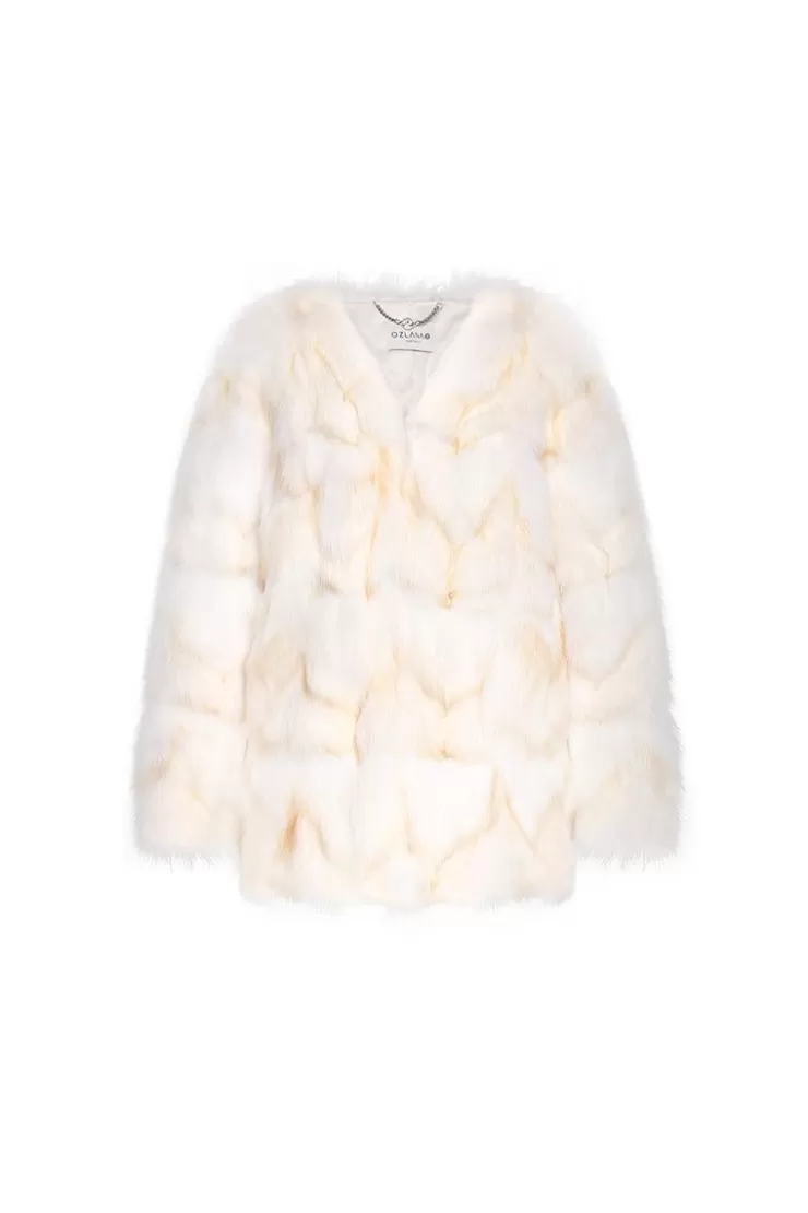Ozlana Classic Round Neck Longline Fox Fur Jacket (White) | Women Full Fur Jackets