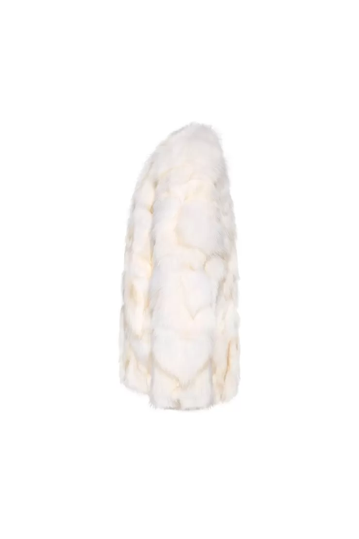 Ozlana Classic Round Neck Longline Fox Fur Jacket (White) | Women Omniverse: Milan Runway Collection