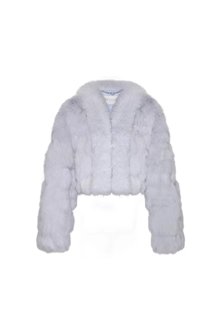 Ozlana Cloud Bubble Crop V Neck Fox Fur Jacket (Blue) | Women Full Fur Jackets