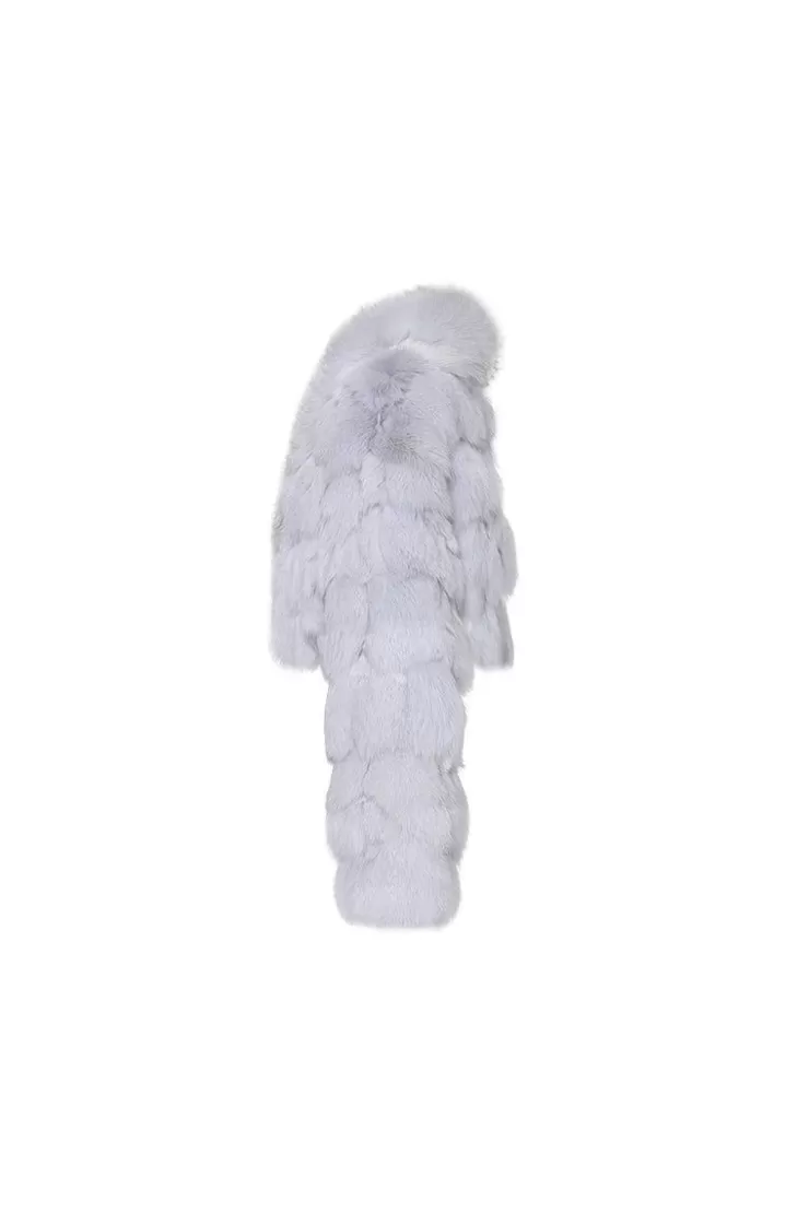 Ozlana Cloud Bubble Crop V Neck Fox Fur Jacket (Blue) | Women Full Fur Jackets