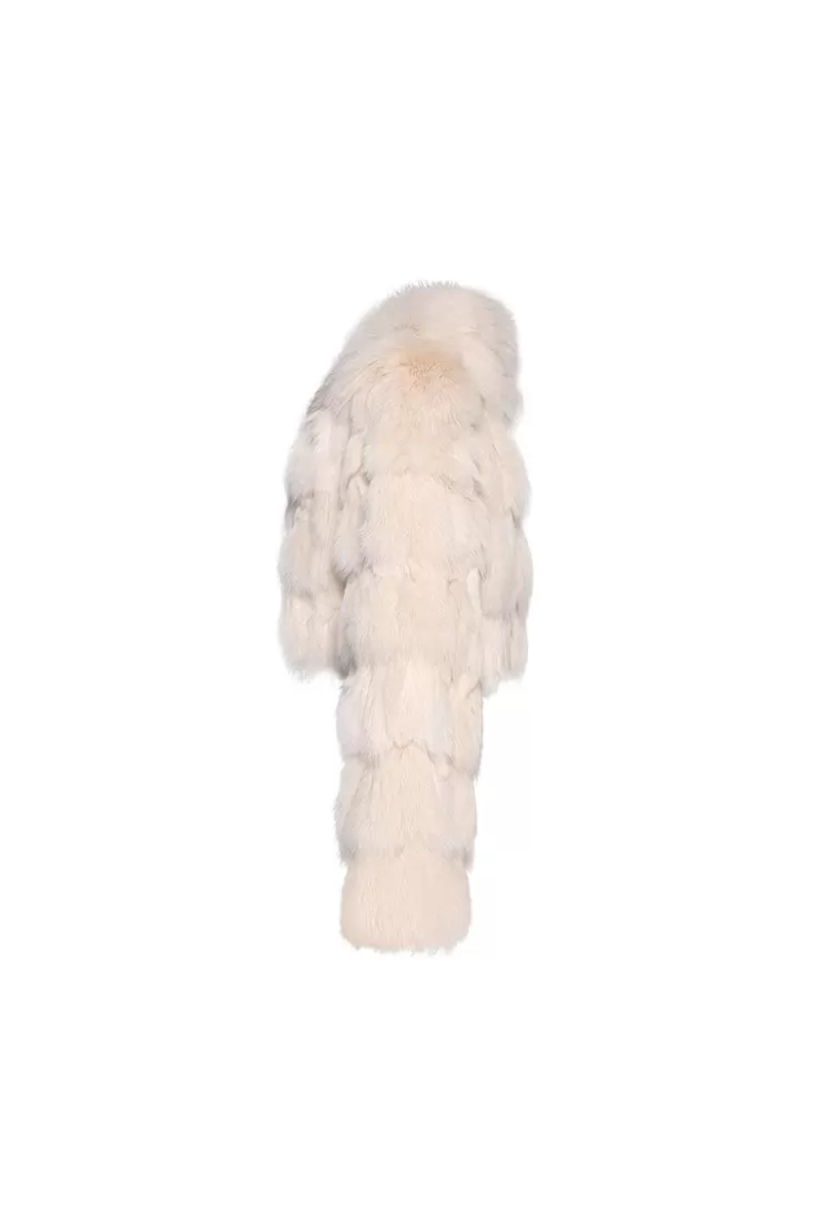 Ozlana Cloud Bubble Crop V Neck Fox Fur Jacket (Cream) | Women Full Fur Jackets