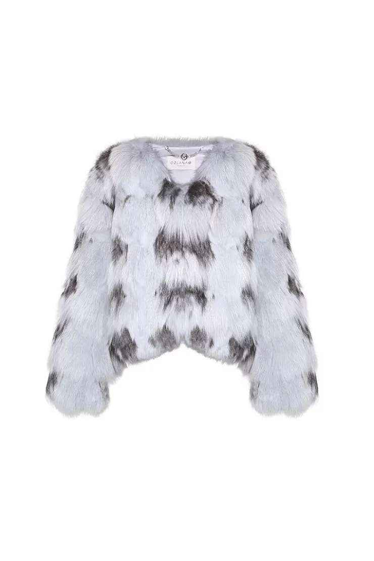 Ozlana Contrast V Neck Snow Fox Fur Jacket (Blue) | Women Full Fur Jackets
