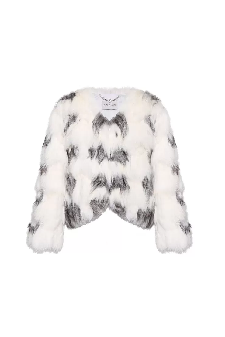 Ozlana Contrast V Neck Snow Fox Fur Jacket (White) | Women Full Fur Jackets