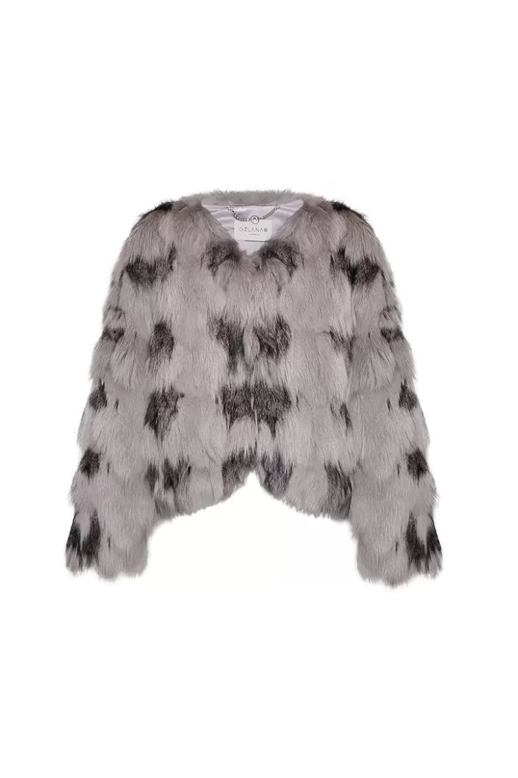 Ozlana Contrast V Neck Snow Fox Fur Jacket(Grey) | Women Full Fur Jackets