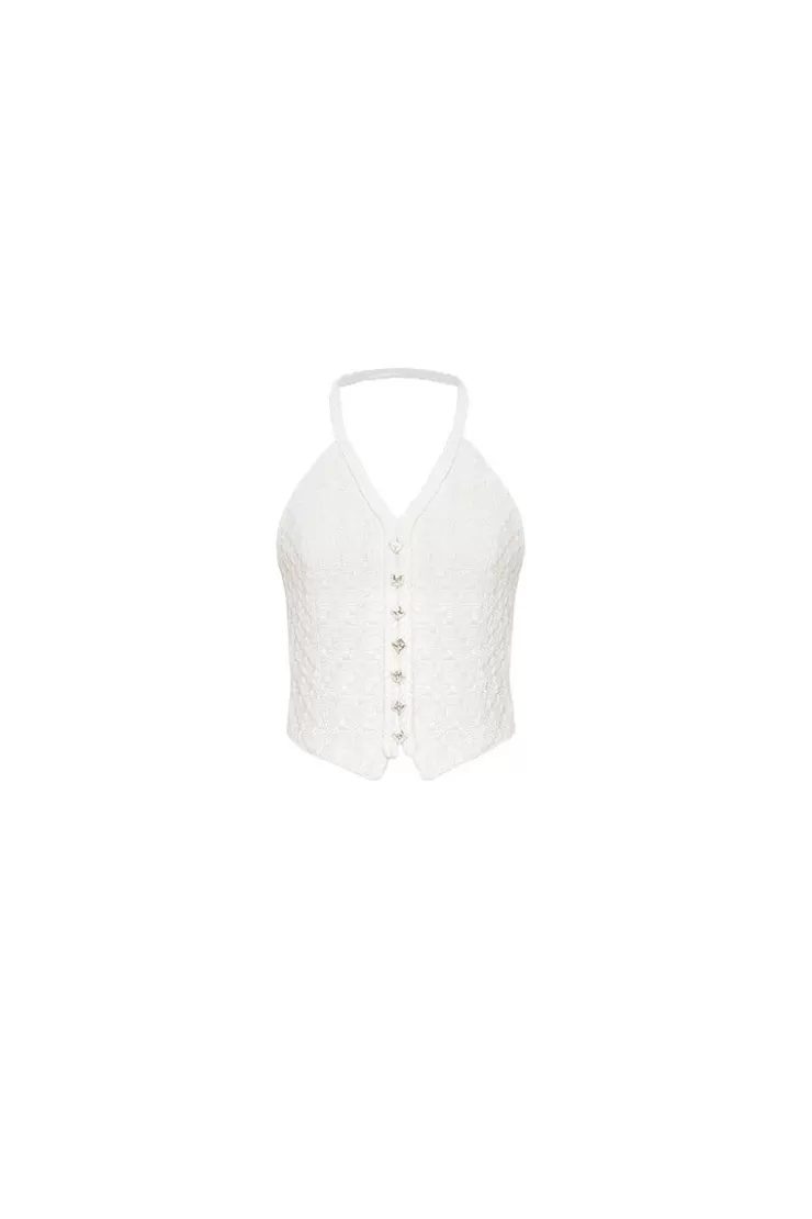 Ozlana Cream Halter Neck Sleeveless Tweed Top(Cream) | Women Tops