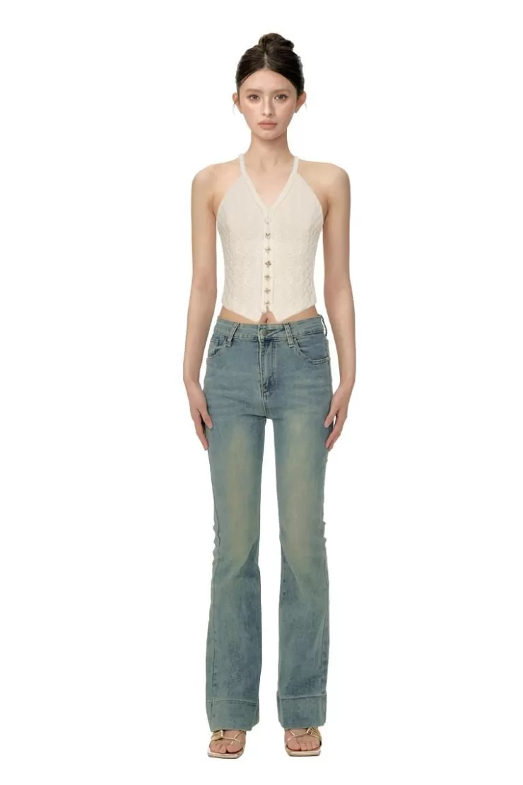 Ozlana Cream Halter Neck Sleeveless Tweed Top(Cream) | Women Tops