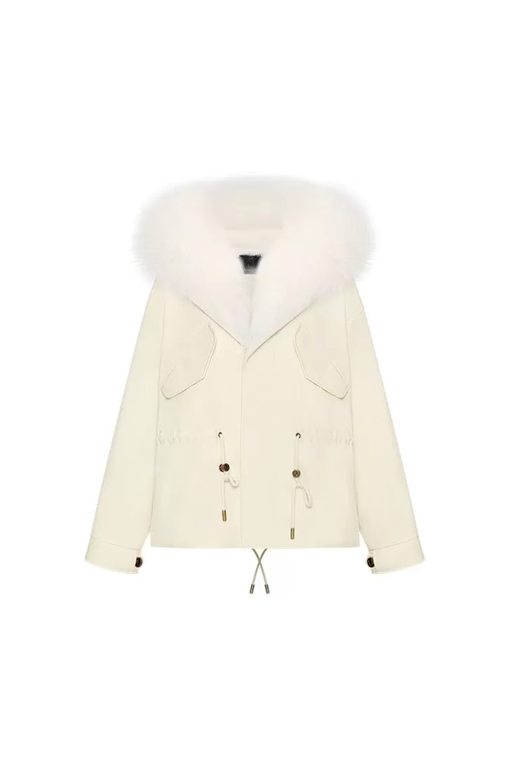 Ozlana Cream Whiteshort Oversize Parka+White Snow Fox | Women Classic & Designer Parkas