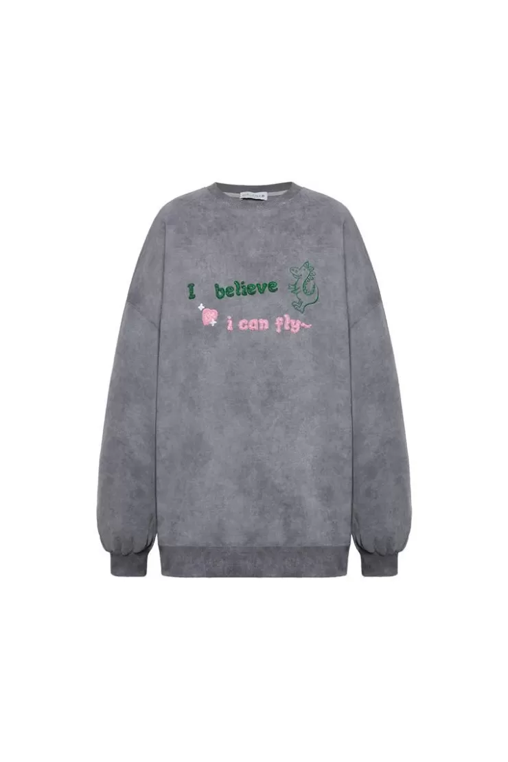 Ozlana Crewneck Angel Wings Tie-Dyed Sweatshirt (Grey) | Women Tops