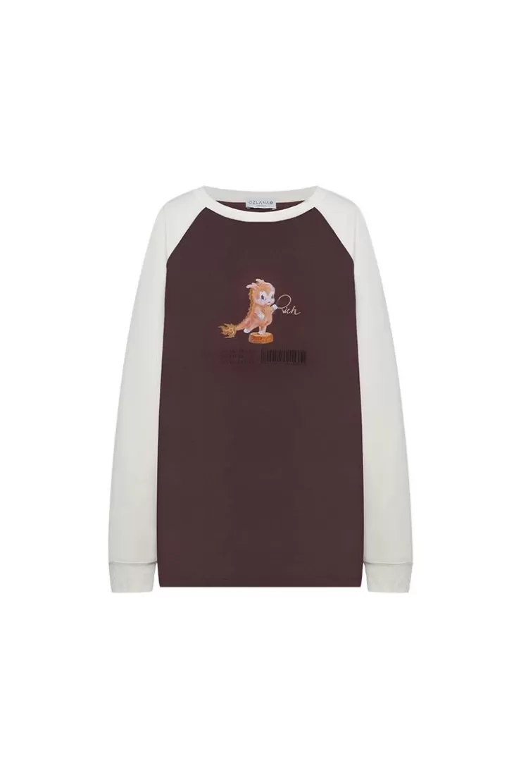 Ozlana Crewneck Dragon Printsweatshirt (Coffee Color+Cream) | Women Tops