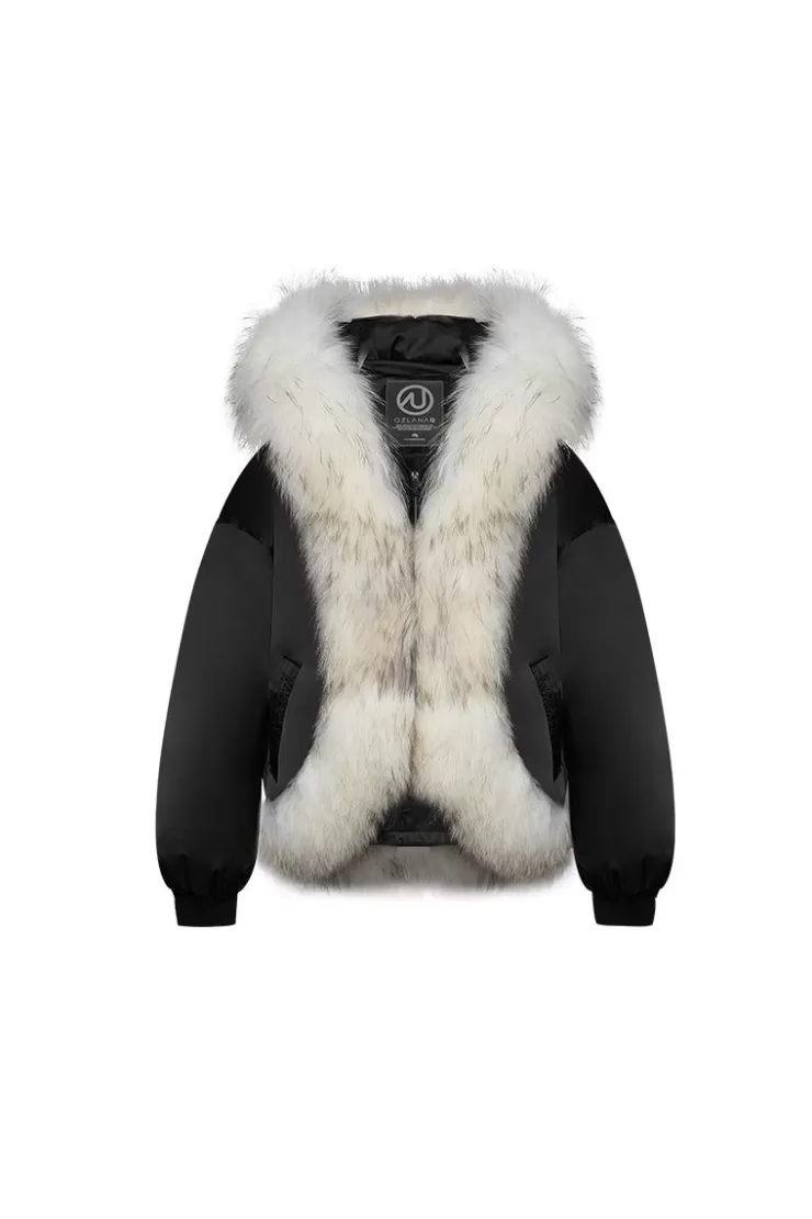Ozlana Croissant Racoon Fur Hooded Downjacket(Black) | Women Down Puffer Jackets